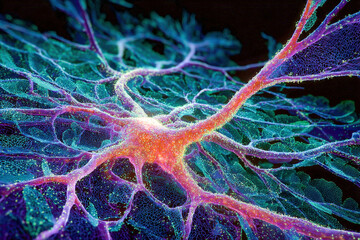 Black rock covered with glowing blue, green, and purple bioluminescent organisms forming neural network pattern