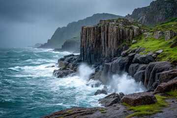 Basalt column cliff forming stacked bar chart shapes above crashing ocean waves