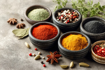 Overhead flat lay of assorted whole spices in small bowls on stone, copy space