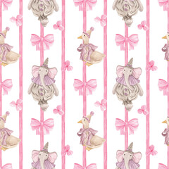 Obraz premium Watercolor textured vintage toy pattern. Painted vintage toys. Children's print, wallpaper. Decor for a children's room. Toy drooler, hedgehog, mouse. Teddy bear. Elephant pattern. Ribbon bows.