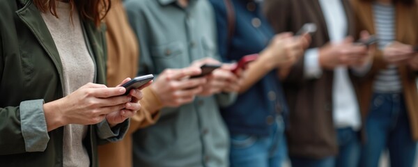 Group of people looking at phones. Friends gather using cell phones, sharing online content. Adults hold mobile devices, connected digitally, ignoring each other.