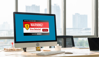 Virus warning alert on computer screen detected modish cyber threat , hacker, computer virus and malware