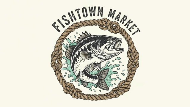 Vintage Fishtown Market Logo with Sea Bass Jumping through Rope Circle and Water Splash