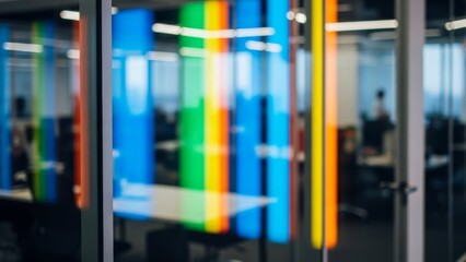 Blurred corporate workspace with colorful reflections on glass walls. Modern business environment and transparency concept.