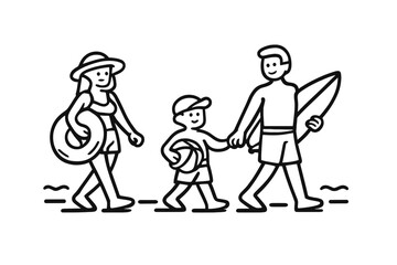 Family walking to the beach with surfboard and inflatable ring