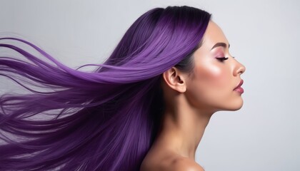 Fototapeta premium Woman with long flowing purple hair turns head left. She has makeup on her face and skin glows. Clean studio backdrop allows copy space for text.