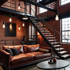 Stylish loft living room featuring a leather sofa, metal staircase, and exposed brick walls. Elegant lighting complements the modern industrial aesthetic.