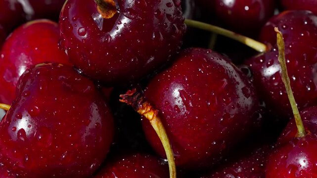 n the video, a close-up shows fresh red cherries with water droplets. The stems are visible on the fruit