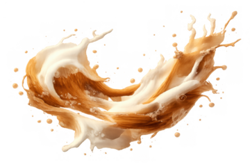 Coffee and milk liquid splash creating dynamic swirls and flowing movements with creamy drops on transparent background