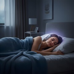 woman sleeping in bed with headphones