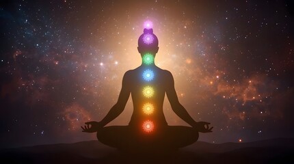 meditating figure with glowing chakras in space