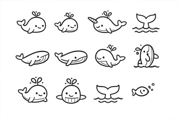 Cute cartoon whale icons and illustrations © Andrei