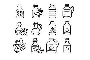 Oil bottle icons, oils and ingredients collection