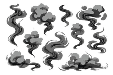 Smoke and vapor animation effects creating a set of stylized gray puffs and swirls with transparent background