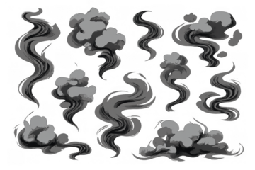 Smoke and vapor animation effects creating a set of stylized gray puffs and swirls with transparent background