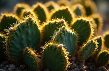 Green Opuntia cactus pads covered with sharp yellow thorns. Textured succulent plant grows in dry arid soil. Prickly plant detail lit by warm sun.
