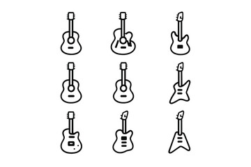Collection of nine guitar icons in outline style
