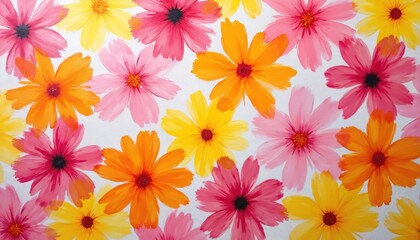 Obraz premium Abstract painting features vibrant pink, yellow, orange flowers with visible brush strokes. Seamless floral pattern offers cheerful, artistic background for creative projects. Impressionistic style