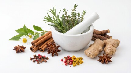 Herbal medicine ingredients with mortar and pestle on white background