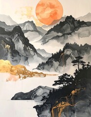 Traditional Chinese Painting of Mountain Landscape.