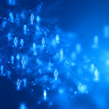 Many people icons in blue background.