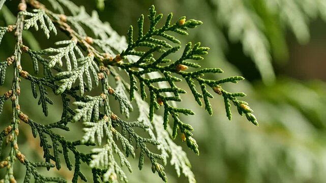 Closeup of vibrant green cedar tree branches in a forest showcasing the intricate texture of the needles under natural light perfect for naturethemed projects.