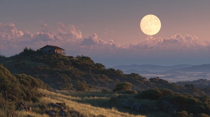 Tranquil landscape scene a house on a hill with a bright moon in the sky