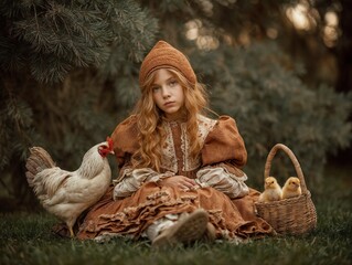 Child girl with a chicken and chicks, feeling serene, in a natural green setting