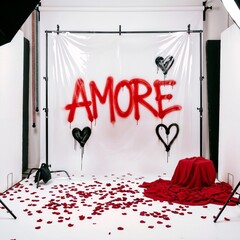 Artistic setup with &ldquo;AMORE&rdquo; graffiti, romantic mood, and rose petals in a studio