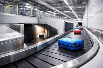 A modern airport baggage conveyor transports suitcases through a clean terminal interior, highlighting efficiency, logistics, and advanced transport infrastructure design.