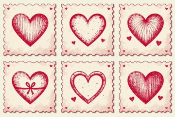 vintage valentines day travel style stamps, romantic sticker illustrations with hearts and roses