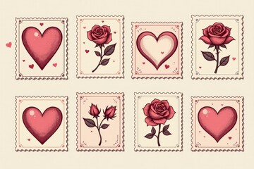 vintage valentines day travel style stamps, romantic sticker illustrations with hearts and roses