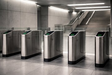 A row of sleek automated gates inside a contemporary transport terminal, highlighting controlled passenger flow, security systems, and efficient public infrastructure design.