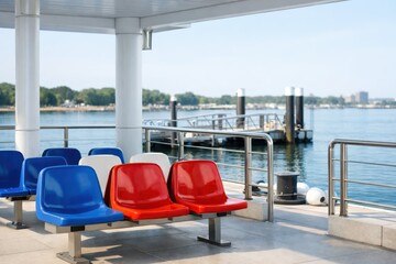Blue passenger seats arranged at a ferry terminal overlooking calm water with a docked vessel in the background, representing coastal transport infrastructure, comfort, and organized travel flow.