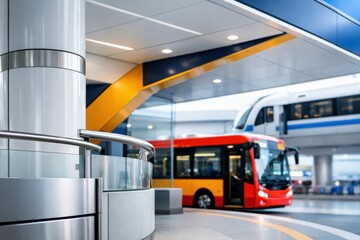 Fototapeta premium Contemporary transport hub featuring a city bus and elevated rail line within a clean architectural space, showcasing integrated mobility, efficiency, and modern public infrastructure.