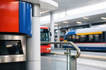 Contemporary transport hub featuring a city bus and elevated rail line within a clean architectural space, showcasing integrated mobility, efficiency, and modern public infrastructure.