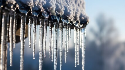 Icicles hanging from snow covered roof on cold winter day