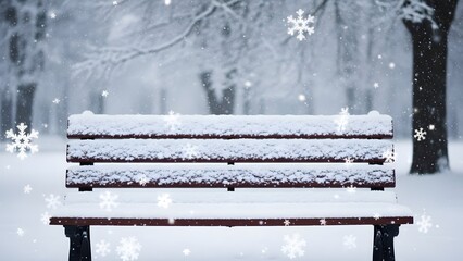 Snowy park bench on a winter day with falling snowflakes