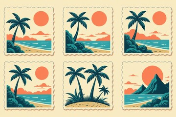 set of vintage postage stamps, tropical island travel theme, minimal flat illustration