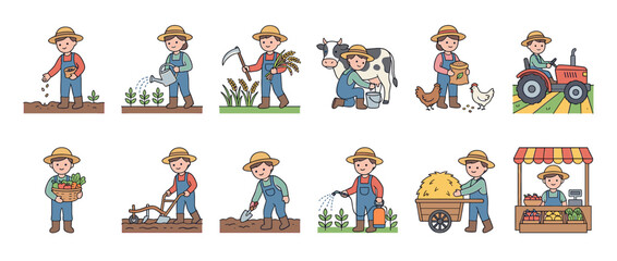 Cartoon farmer character set showing various farming activities and agricultural tasks.