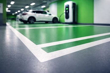 A close-up view of green parking floor markings inside a modern garage, emphasizing organization, sustainability, and clean contemporary vehicle infrastructure design.