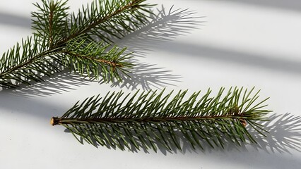 Fresh green pine tree branches on white background with shadows