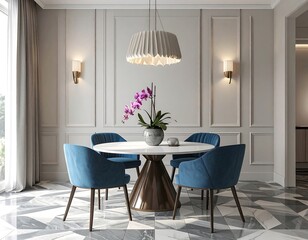 Modern Dining Room with Blue Chairs and Orchid.