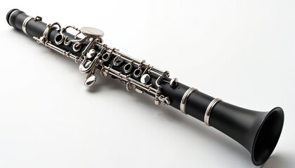 Black woodwind clarinet with silver keys is on a white background. Professional musical instrument is ready for performance or recording studio session. Its shiny metal parts contrast its dark body.