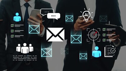 Business professionals engaging in digital communication with smartphones and modern technology concepts like email, chat, and artificial intelligence icons Gluon. - Powered by Adobe