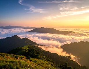Mountain Landscape with Clouds at Sunset.