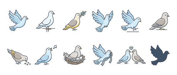 Collection of illustrated pigeons in various poses, including flying, perching, nesting, and carrying an olive branch.
