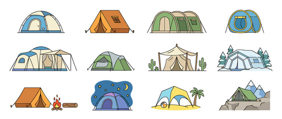 Collection of illustrated camping tents, showcasing various designs and styles, outdoors.