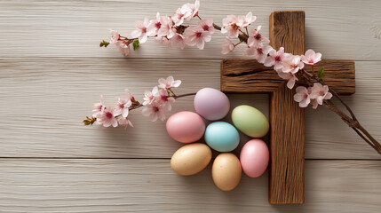 Wooden Cross with Cherry Blossoms and Pastel Easter Eggs on Rustic Table, Christian Easter Concept