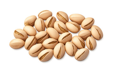 Pistachio nuts pile on transparent background, roasted crunchy snack, healthy food ingredient, overhead view